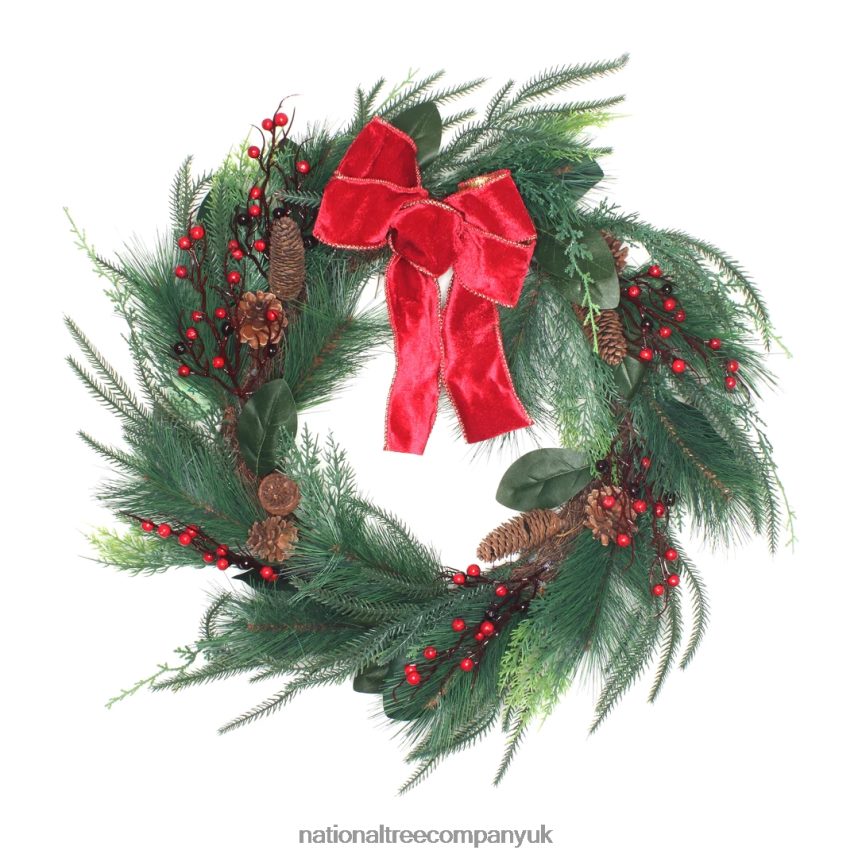 Greenery | National Tree Company Artificial Christmas Mixed Pine Bristle Branch Wreath Decorated with Red Bow Berries and Pinecones 26 in F2L4F323